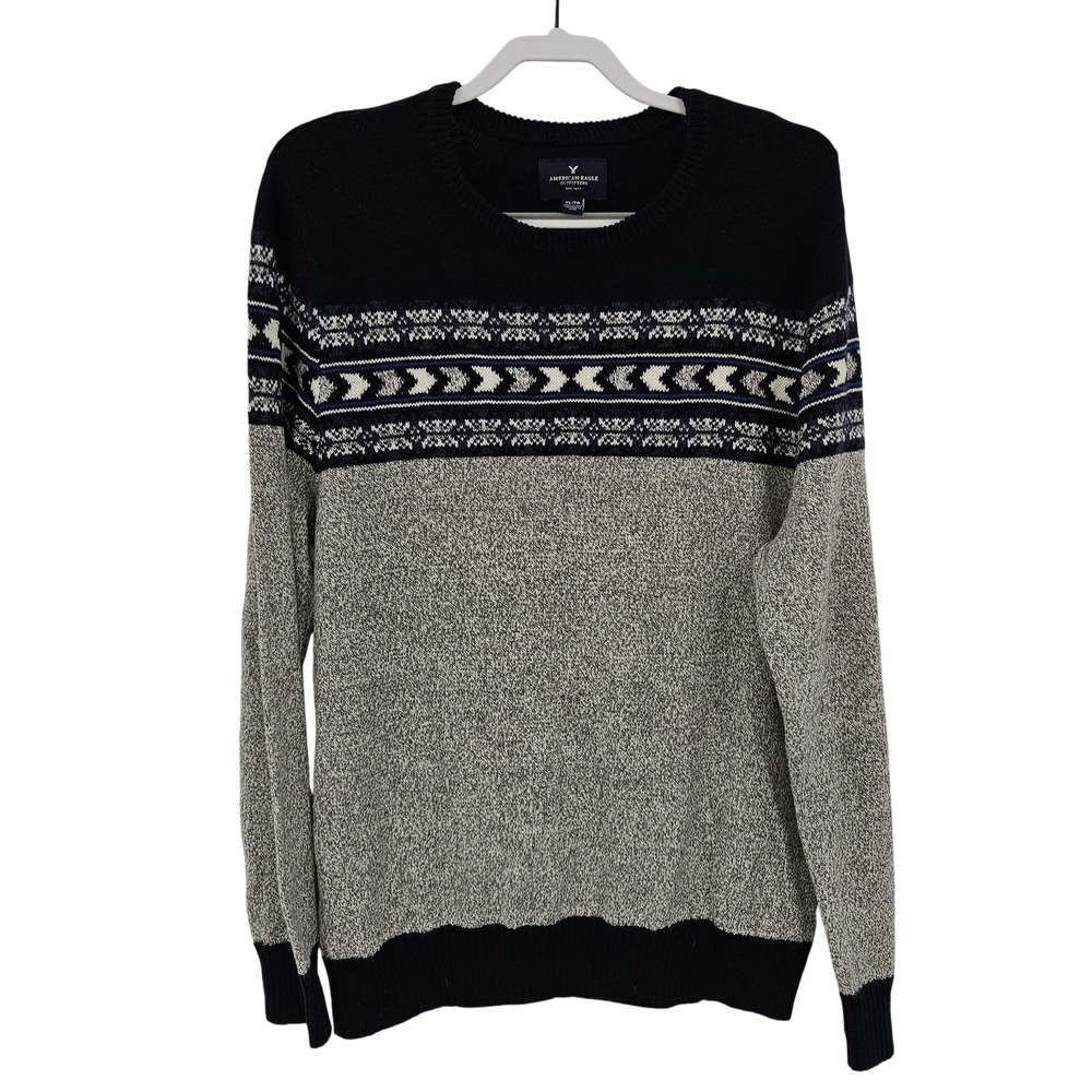 American Eagle Sweater Mens XL Blue Gray Fair Isle Knit Pullover Crewneck Winter